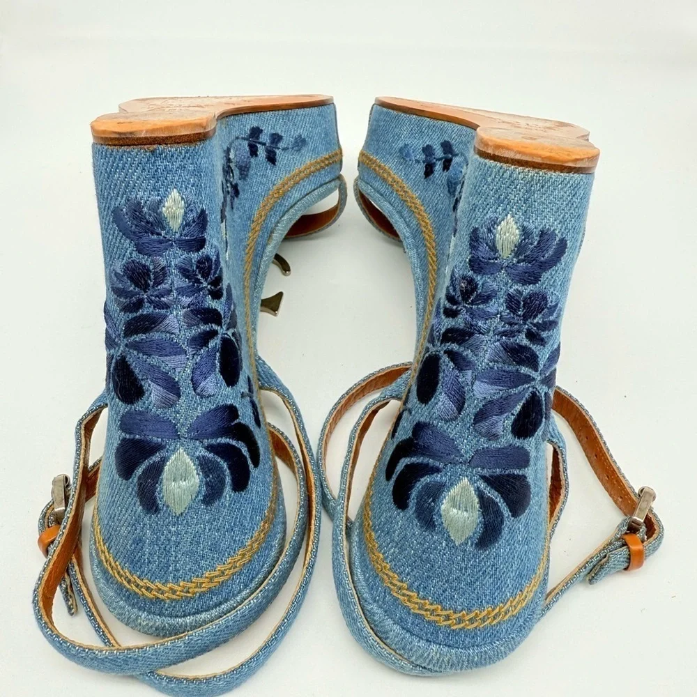 Christian Dior Vintage Denim Leather CD logo floral embroidered wedge heels 38.5
